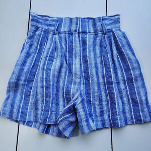 H&M Linen Blend Shorts Women's  Blue White Striped  Zip Button 3.5" In Size 4